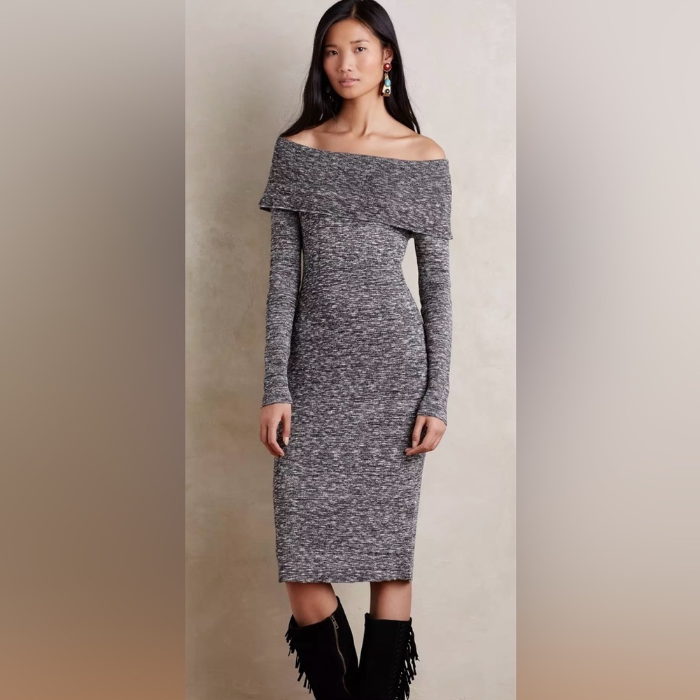 NWT Anthropologie MOTH Sojourn Off Shoulder Gray Sweater Dress Size XS